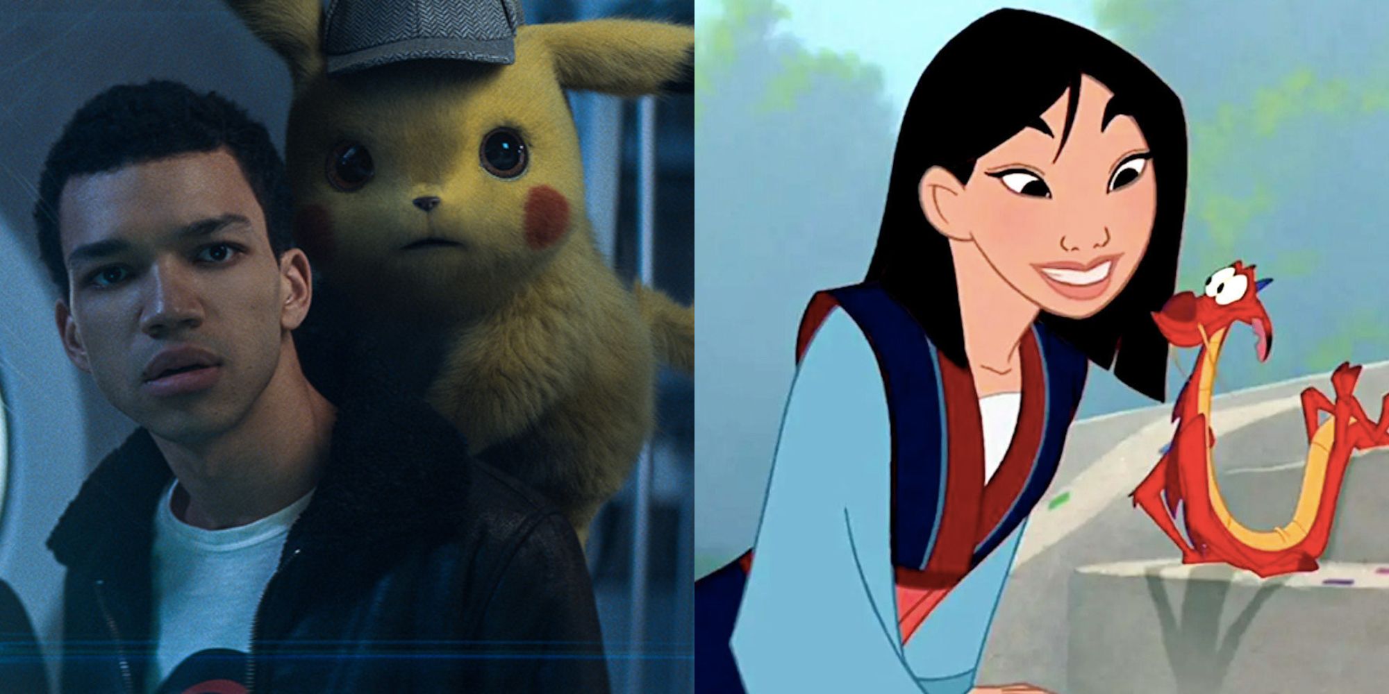 Split image showing Tim and Pikachu in Detective Pikachu and Mulan and Mushu in Mulan.