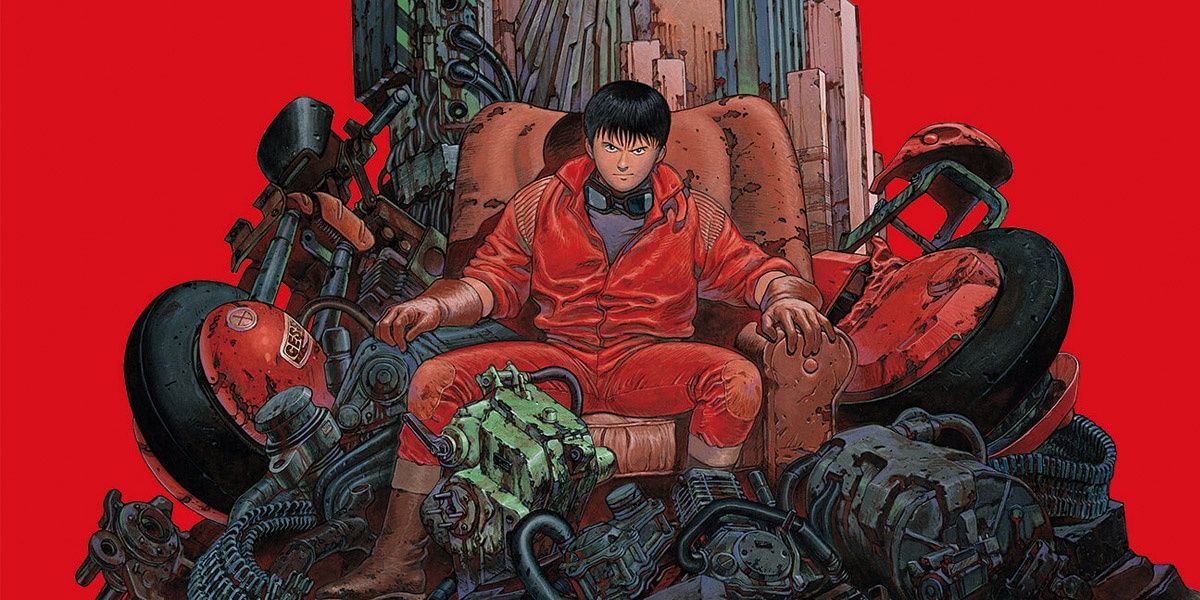 Kaneda sitting in front of his wrecked bike on the poster for the 4K re release of Akira