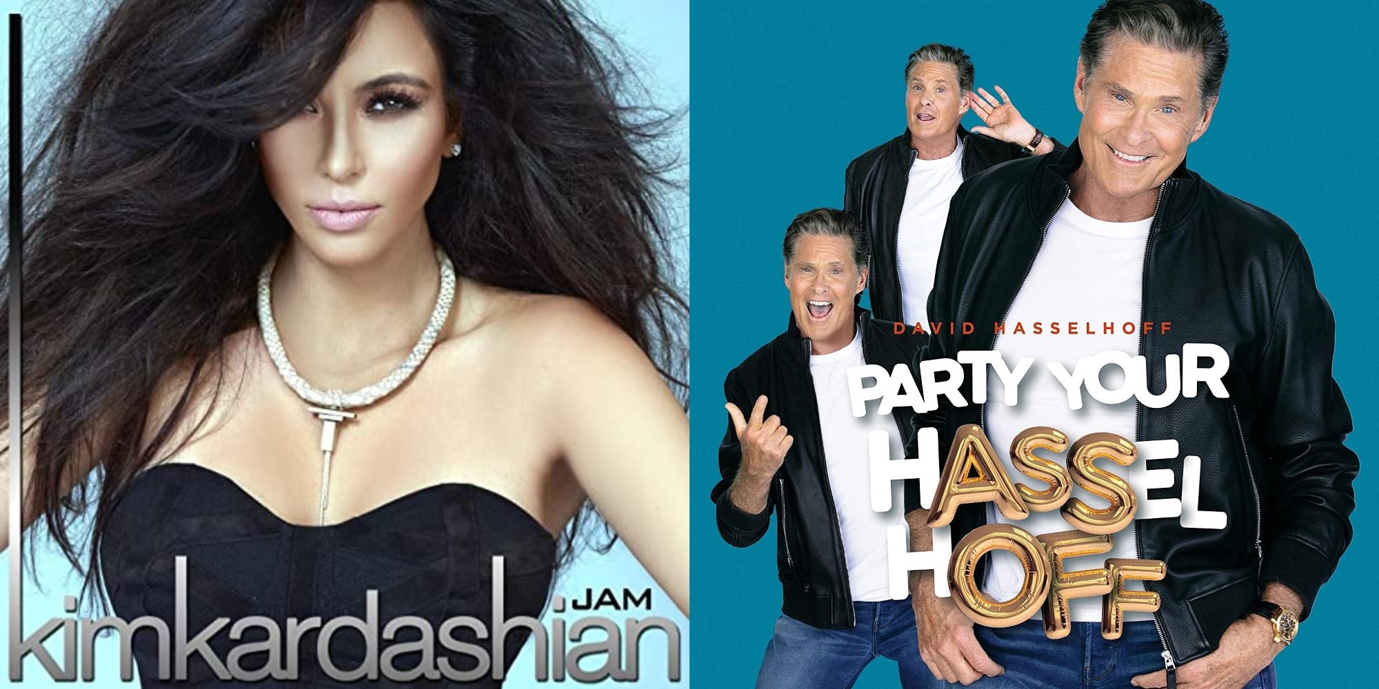 Split image showing Kim Kardashian&rsquo;s single Jam and David Hasselhoff&rsquo;s album Party Your Hasseloff