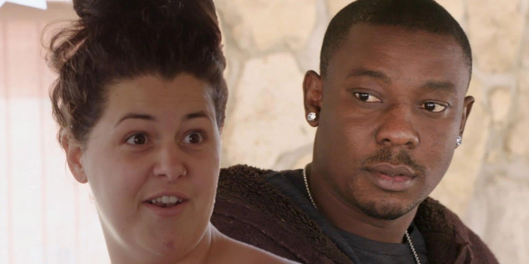 Kobe Blaise and Emily Bieberly from 90 Day Fiancé in side by side images looking surprised and serious