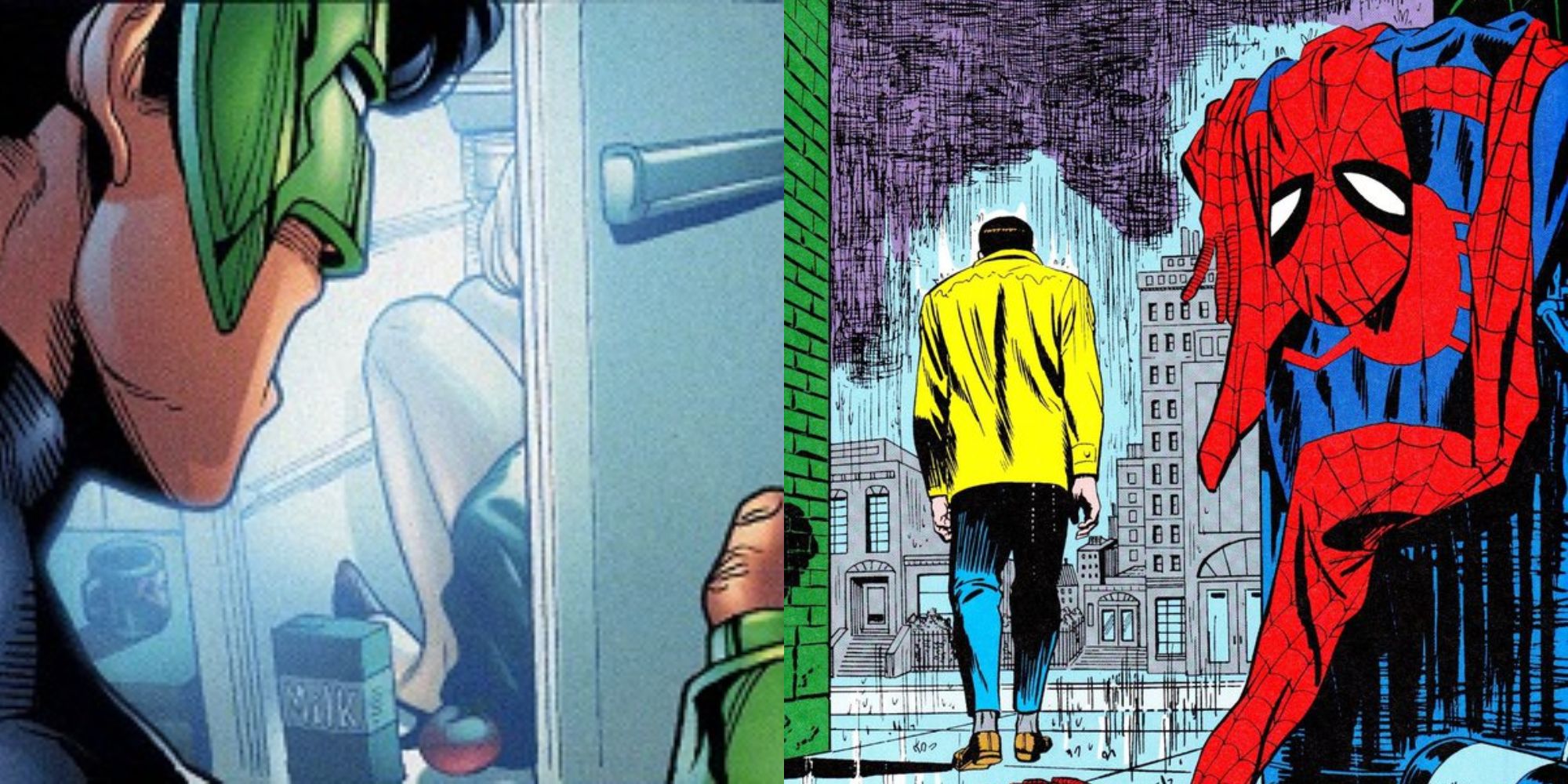 Split image showing Kyle finding his dead gilfriend in DC Comics and Peter throwing away his costume in Marvel Comics.