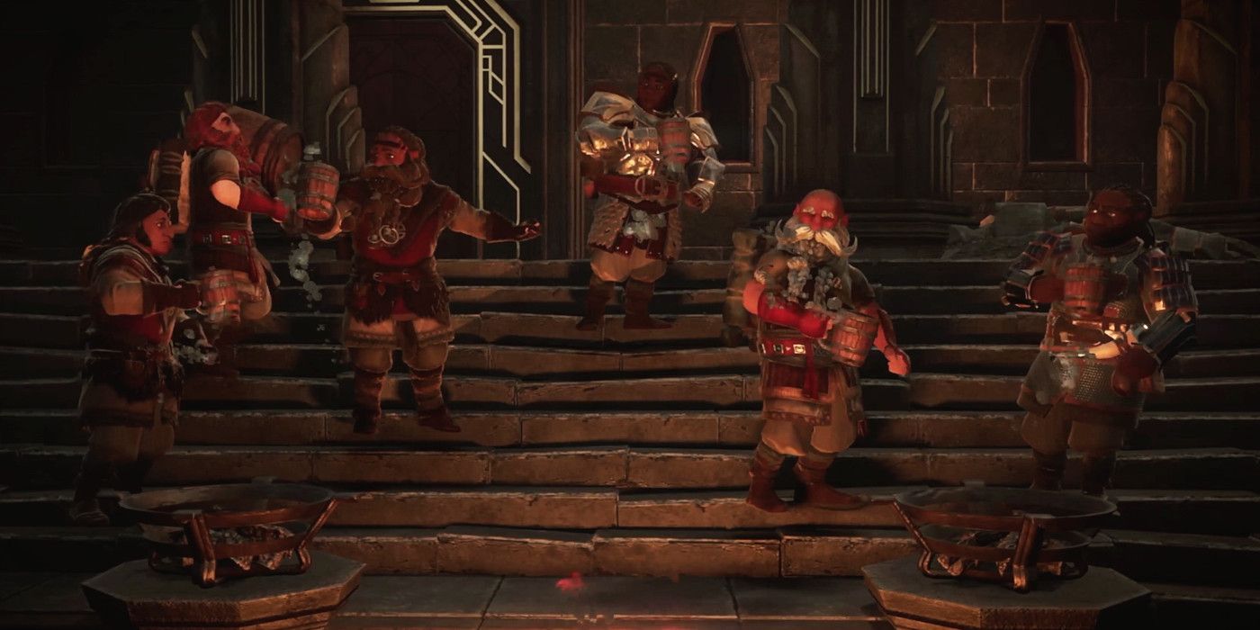 LOTR Return to Moria Dwarves Drinking Near Fire