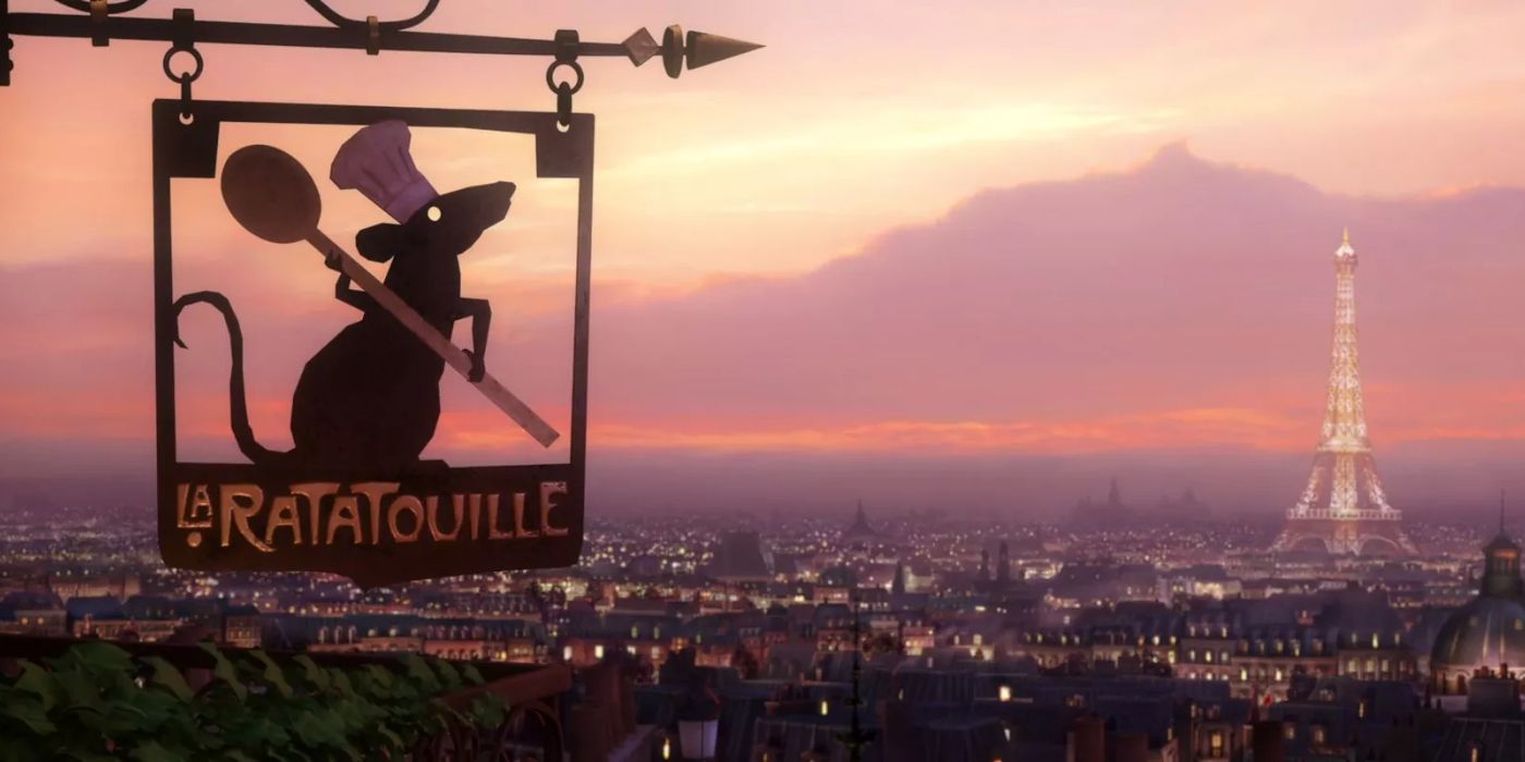 La Ratatouille's sign with Paris in the backdrop from Ratatouille
