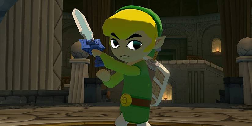 Legend of Zelda Wind Waker HD Screenshot showing Link brandishing a sword.