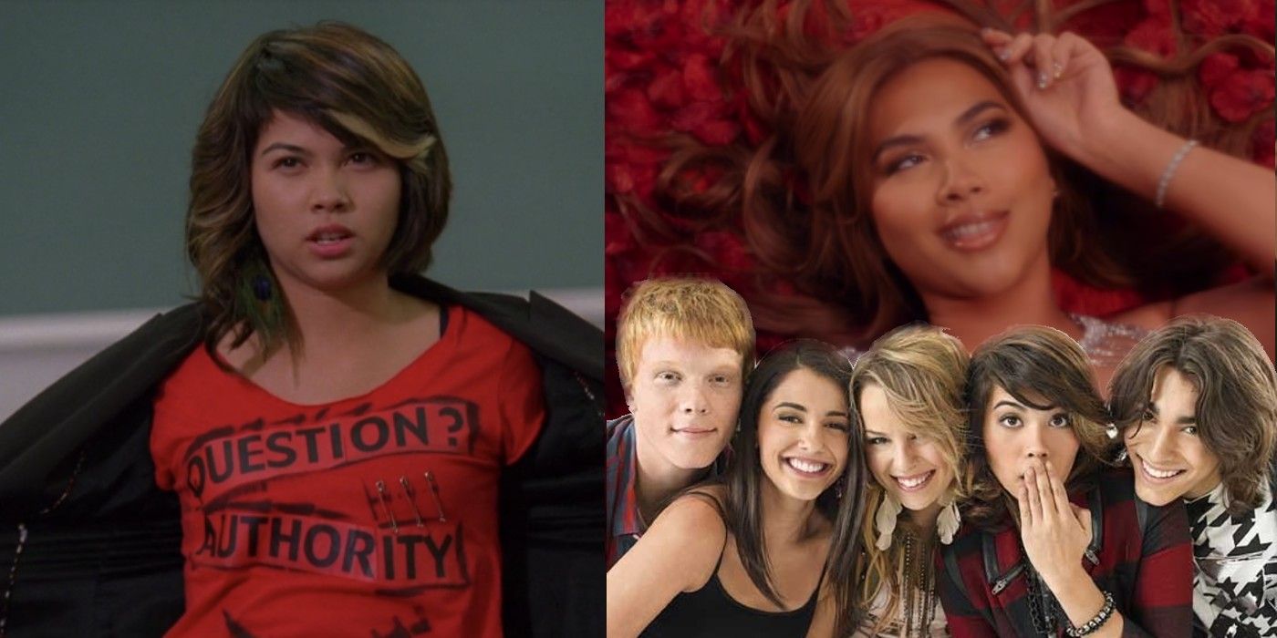 Split image of Hayley Kiyoko in Lemonade Mouth and her new music video with the cast of Lemonade Mouth edited over it