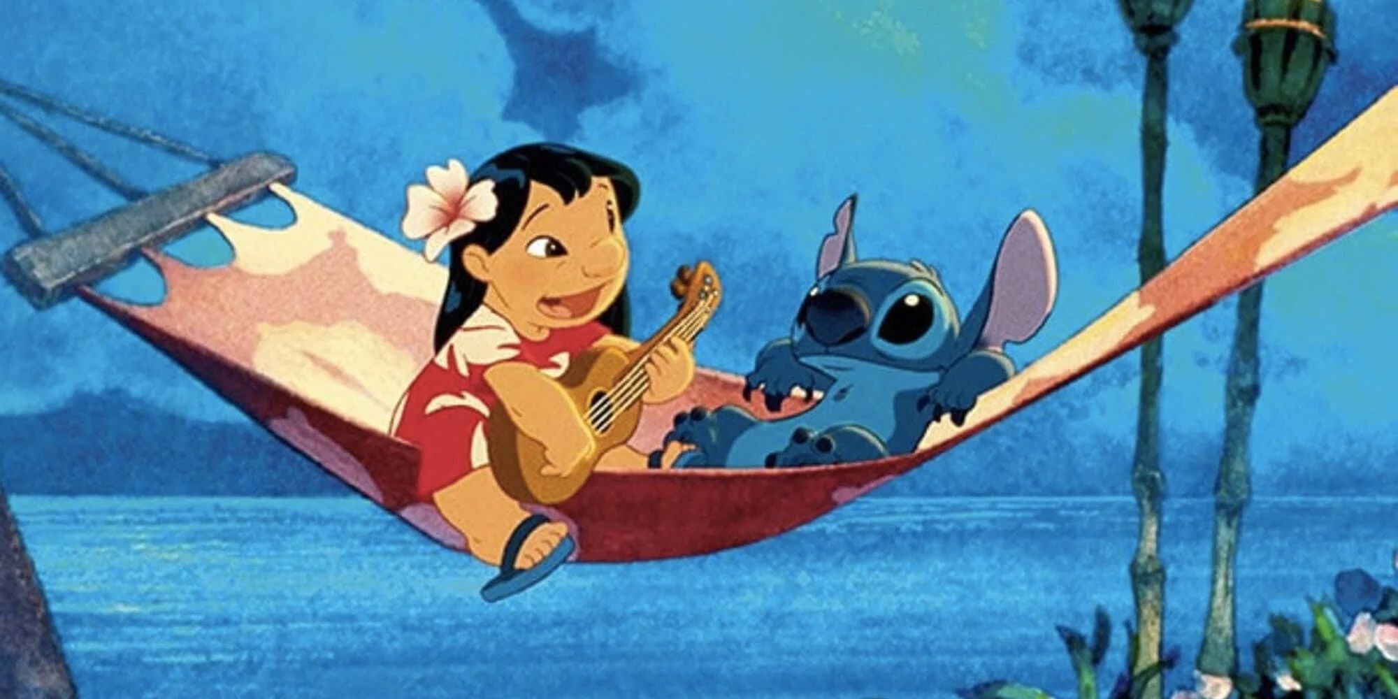 Lilo and Stitch relax in a big hammock