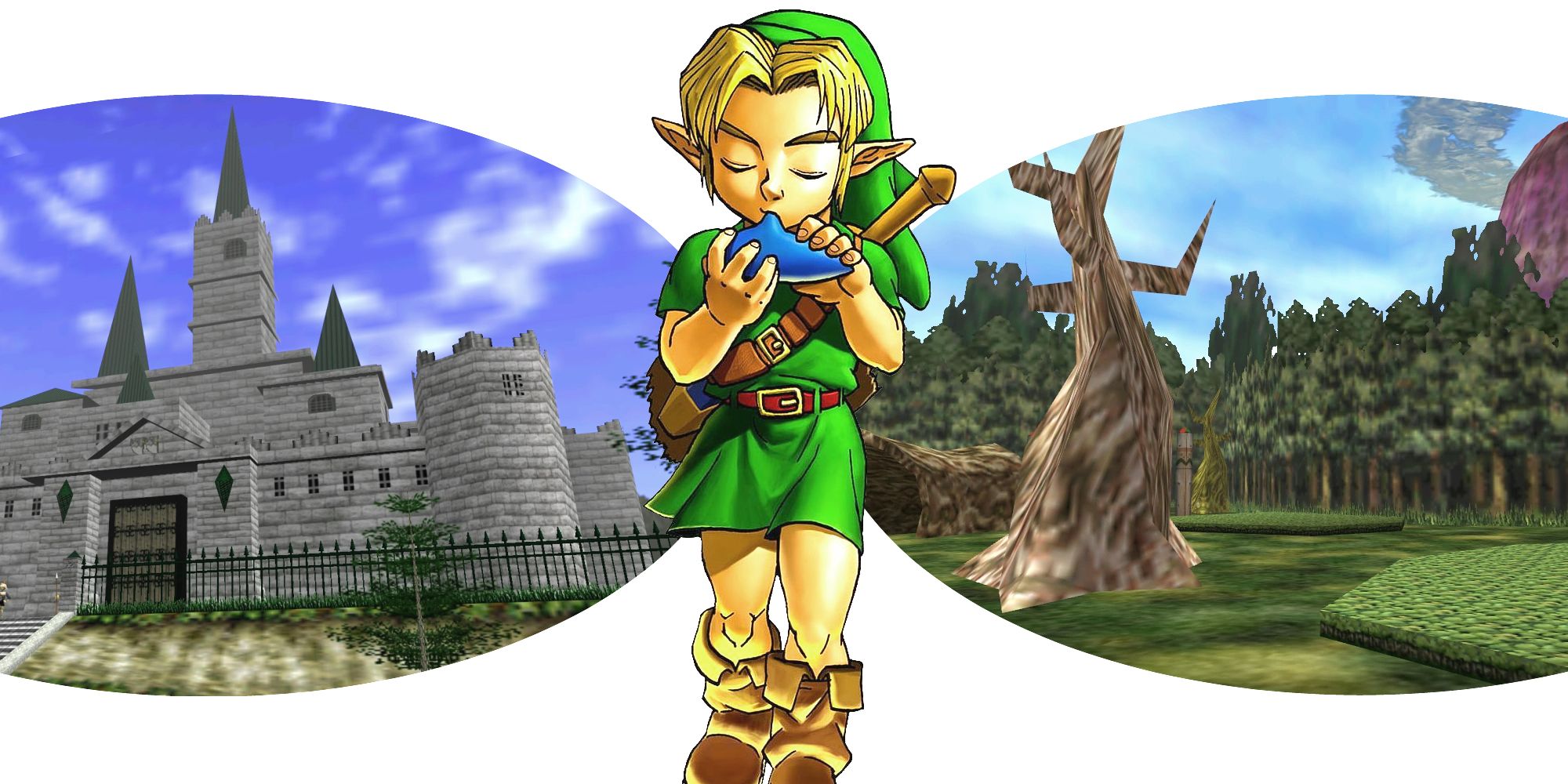 Link from The Legend of Zelda playing the ocarina between Hyrule Castle and Termina Field
