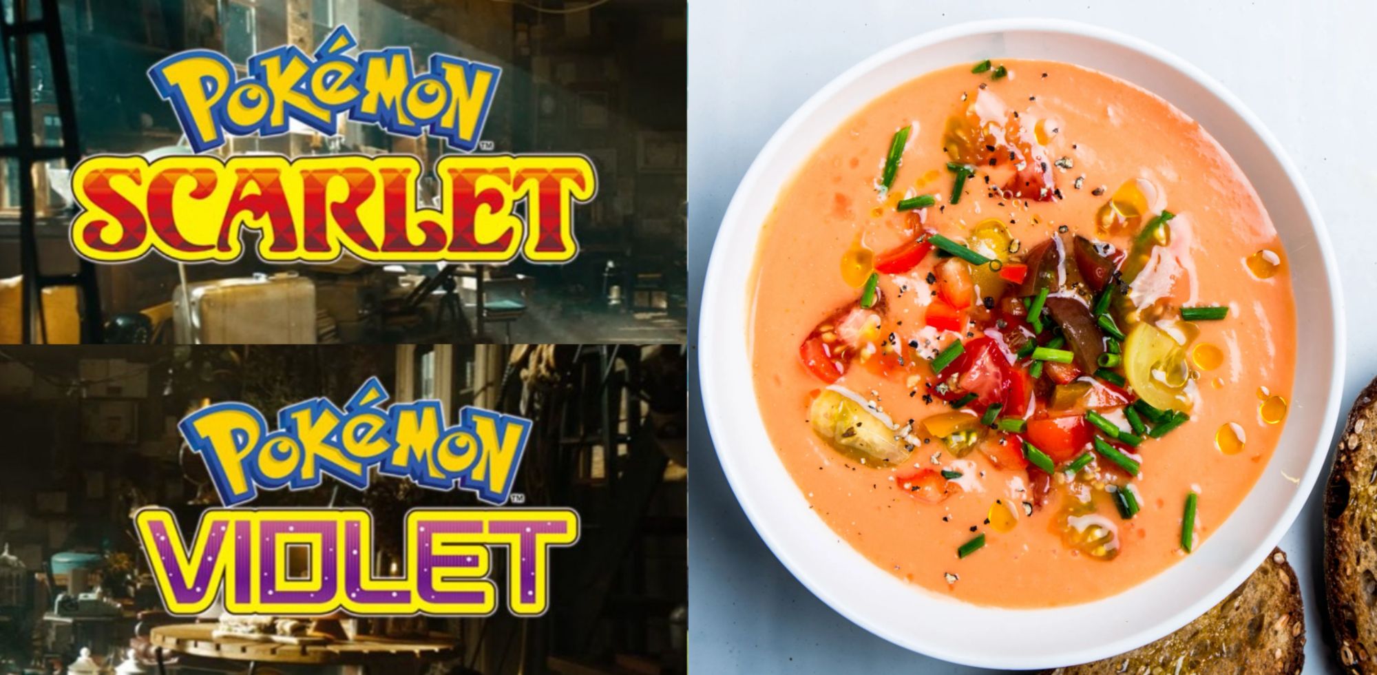 Split image showing the Logos for Pokémon Scarlet & Violet and a plate of Gazpacho