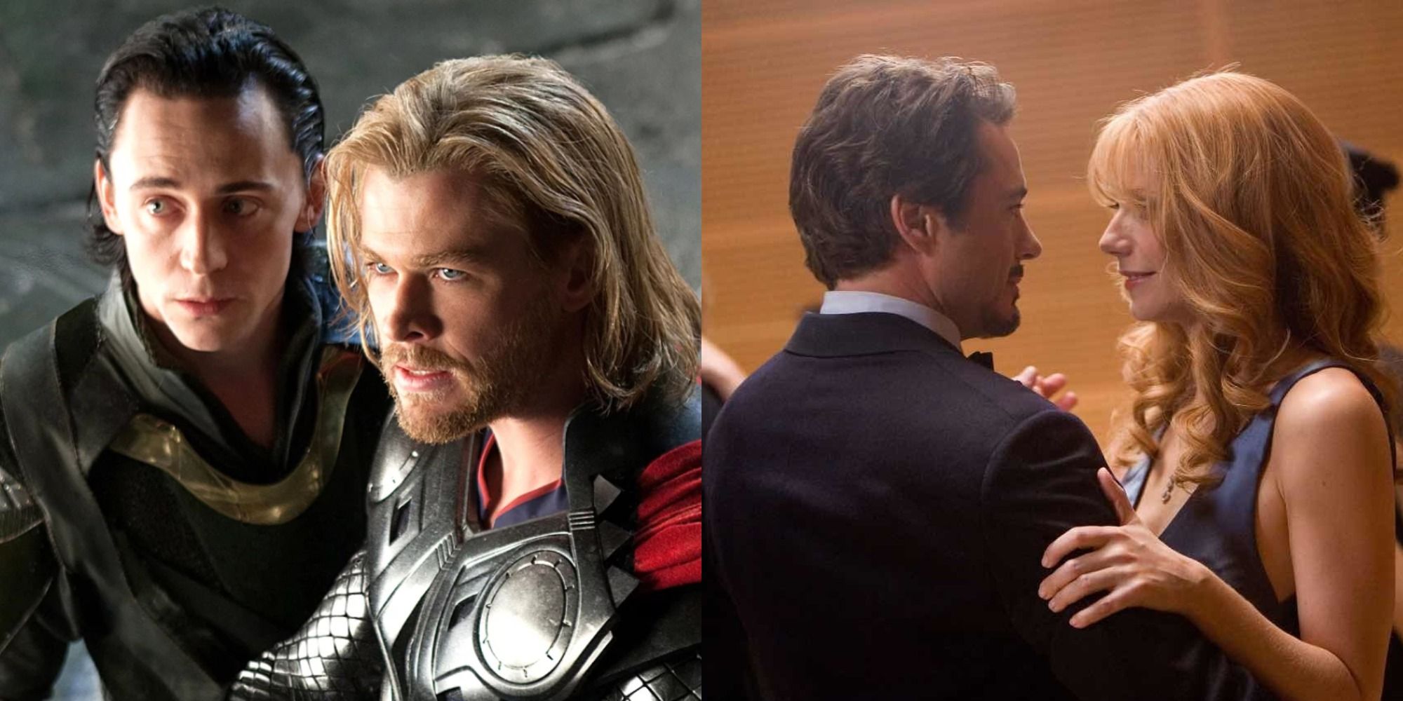 Split image of Thor and Loki/Pepper and Tony