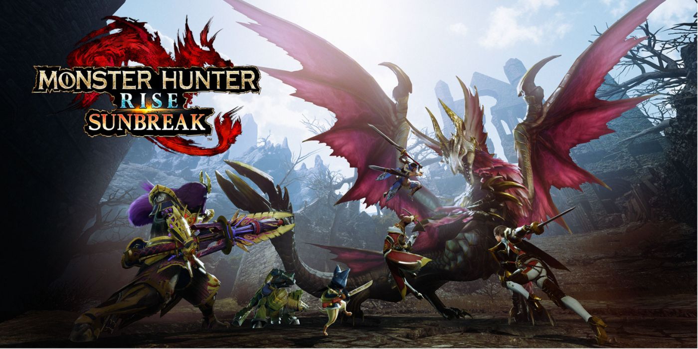Key art of a team of hunters battling a Malzeno in Monster Hunter Rise: Sunbreak.