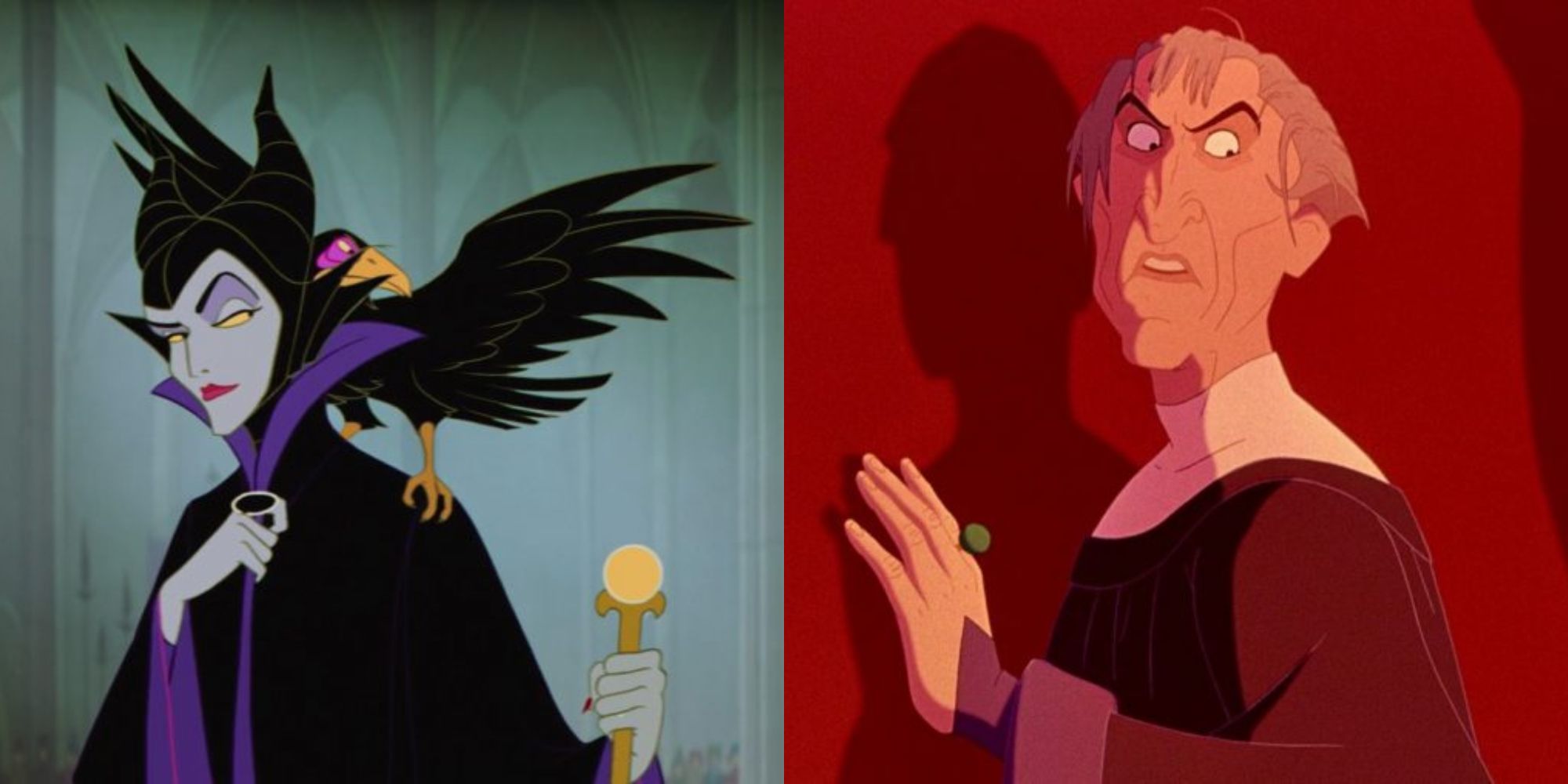 Split image showing Maleficent in Sleeping Beauty and Frollo in The Hunchback of Notre Dame.