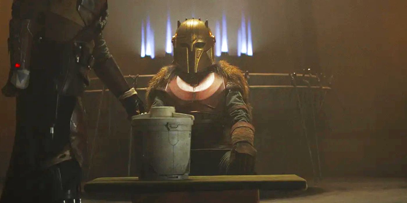 Din gives Beskar to the Armorer in The Mandalorian