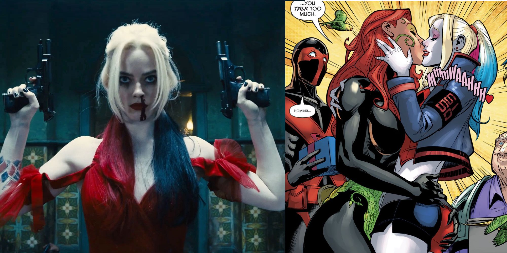 Margot Robbie as Harley Quinn in The Suicide Squad and kissing Poison Ivy in comic