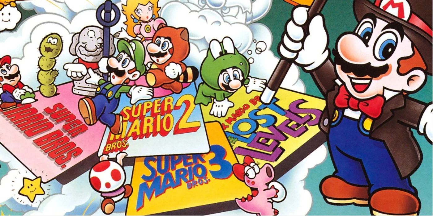 Key art of the various Super Mario games in a cloud-themed collage for the SNES collection.