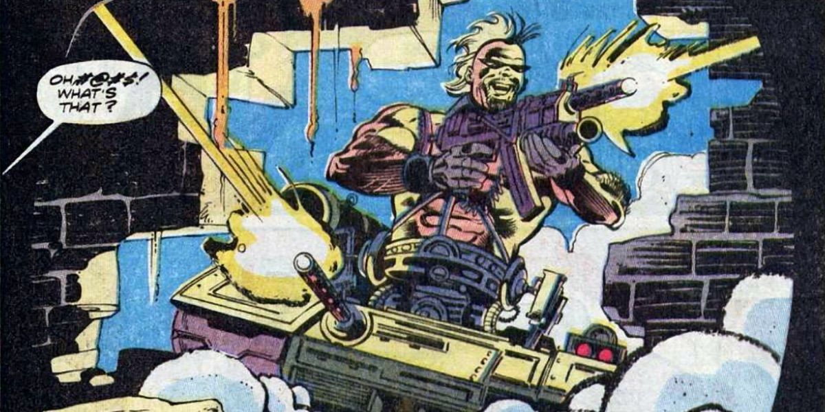 Bonebreaker bursts through a wall while firing a gun from Marvel comics