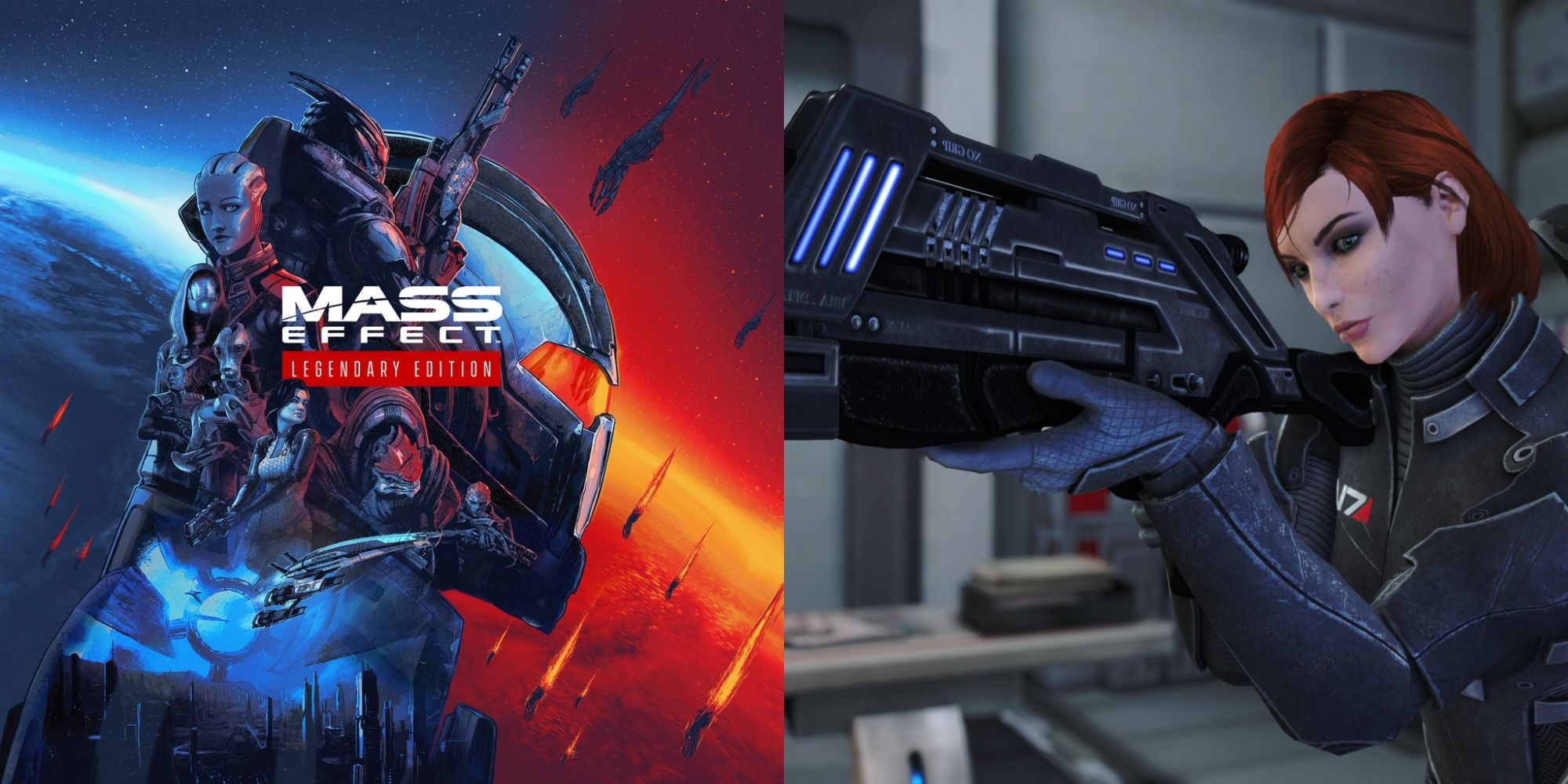 Split image showing the cover of Mass Effect Legendary Edition and Fem Shepard.