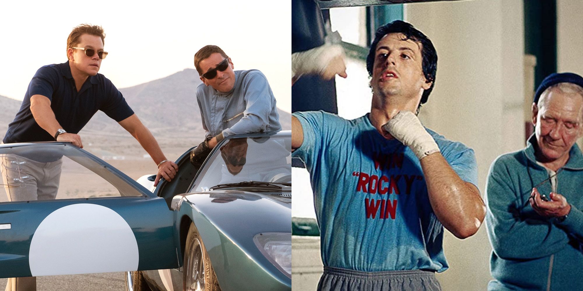 Split image showing characters from Ford v. Ferrari and Rocky.