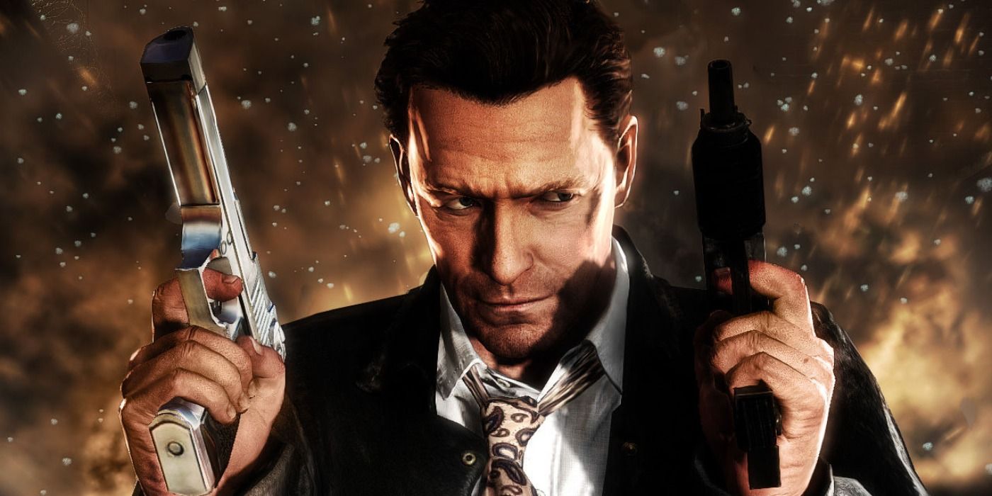 Still of Max Payne holding up 2 guns with an explosion in the background.