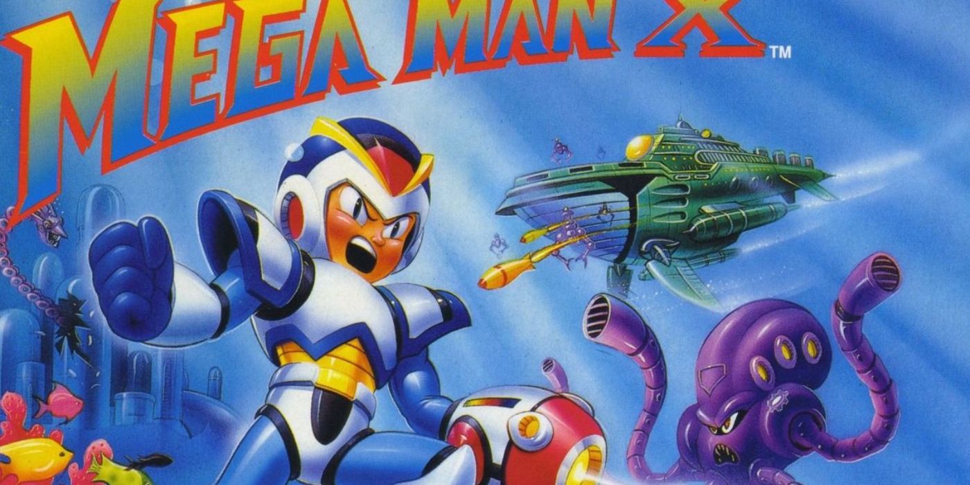 Mega Man X box art featuring the titular hero fighting Launch Octopus.