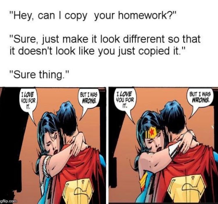 Meme featuring Superman hugging Lois Lane and Wonder Woman