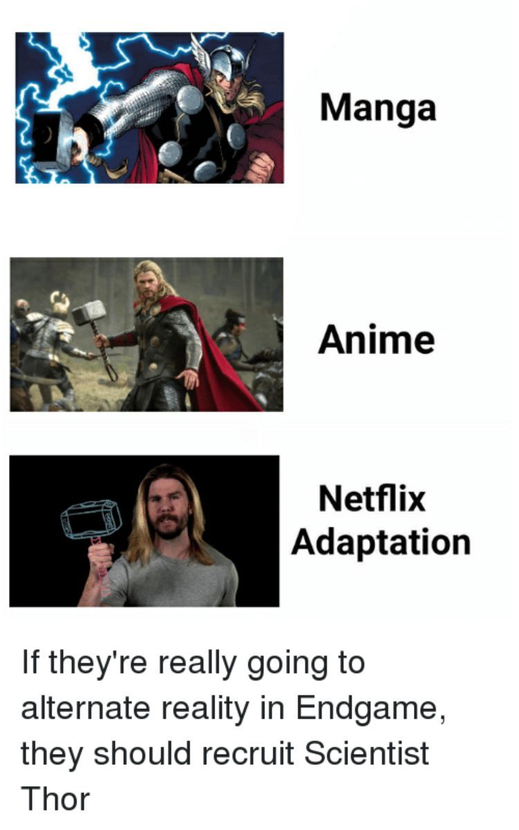 Meme showing Thor in comics and MCU along with scientist Thor 