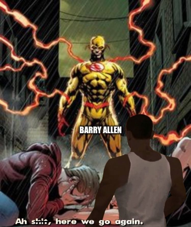 Meme with Barry Allen crying while Reverse Flash stands and CJ looks on