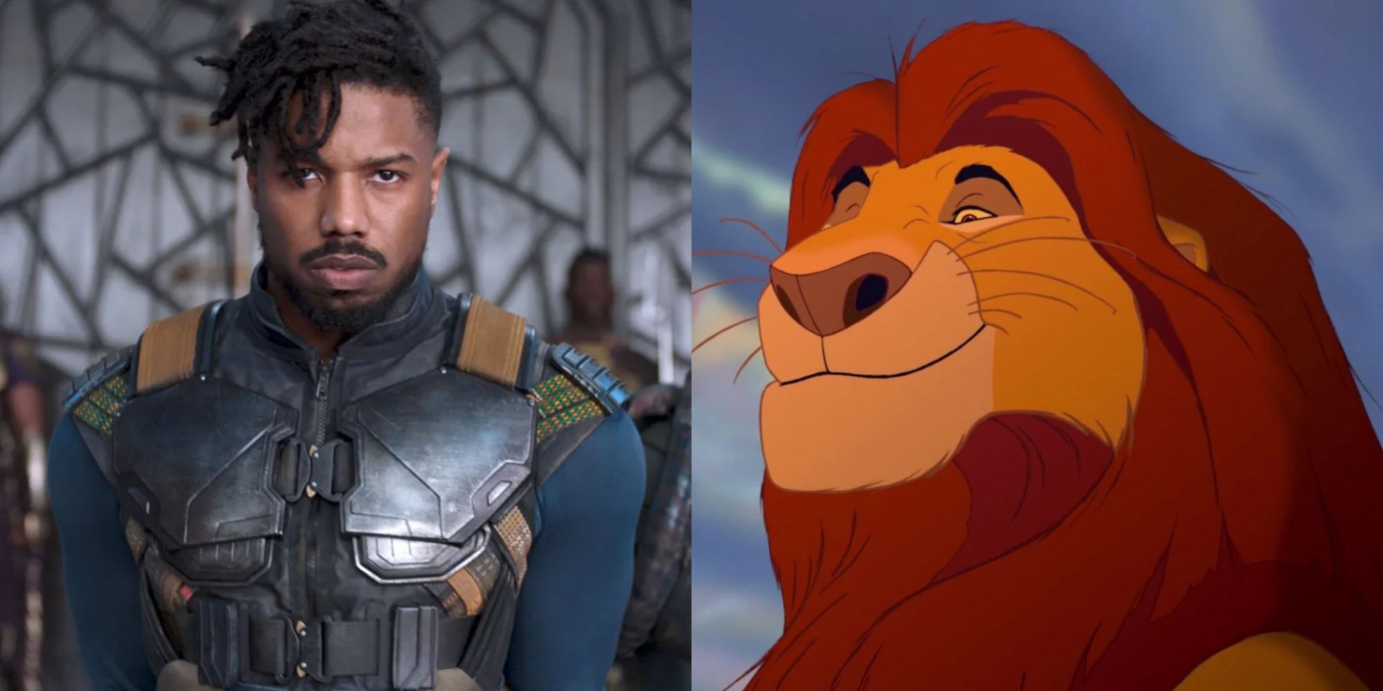 Split image shwoing Killmonger in Black Panther and Mufasa in The Lion King.