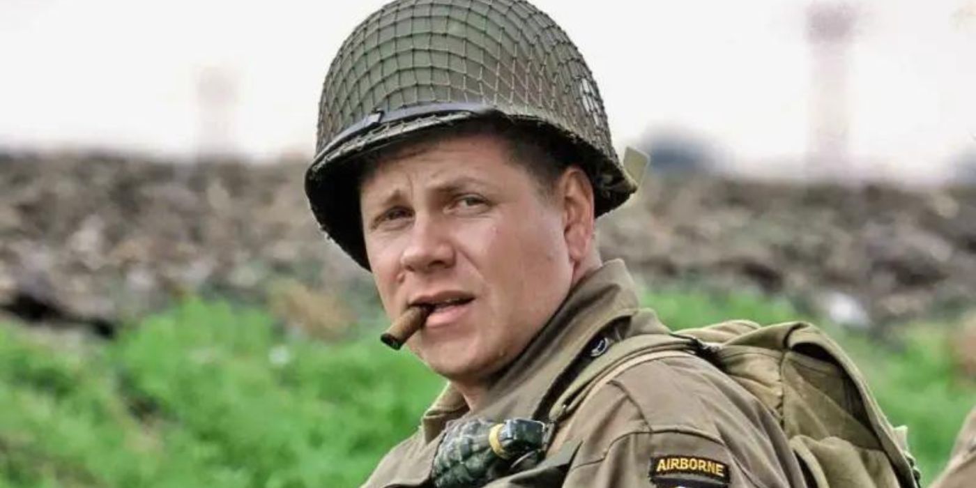 Bull Randleman smoking and looking back in Band of Brothers.