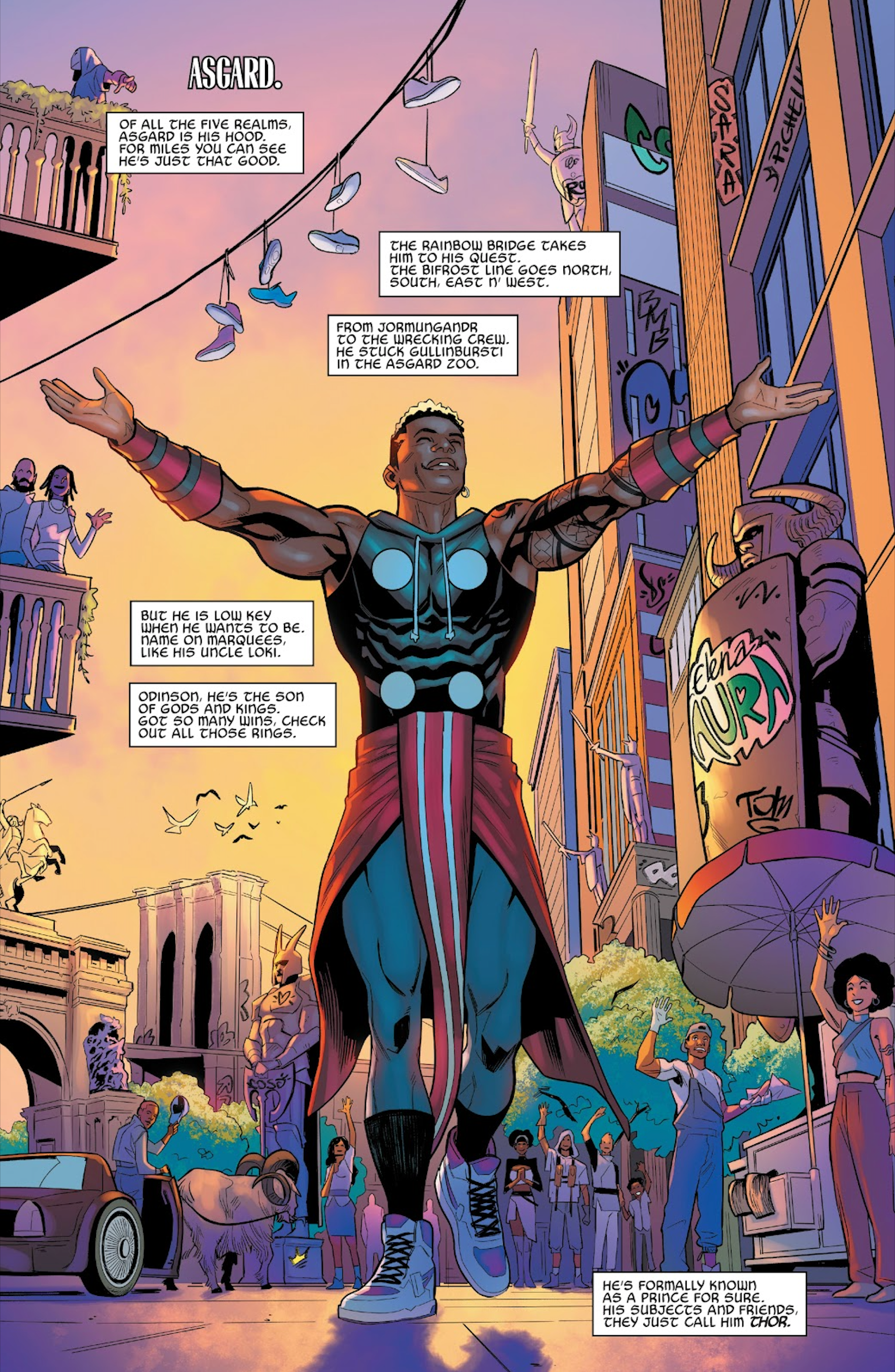 Miles Morales as Thor walks through Brooklyn Asgard