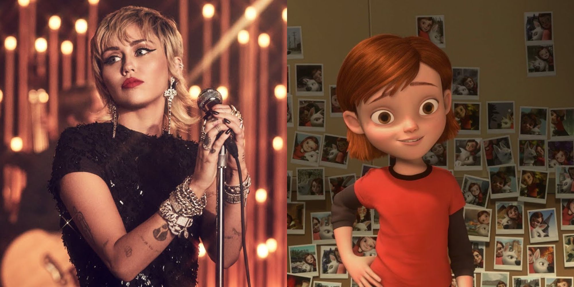 Split image of Miley Cyrus and Penny in Bolt