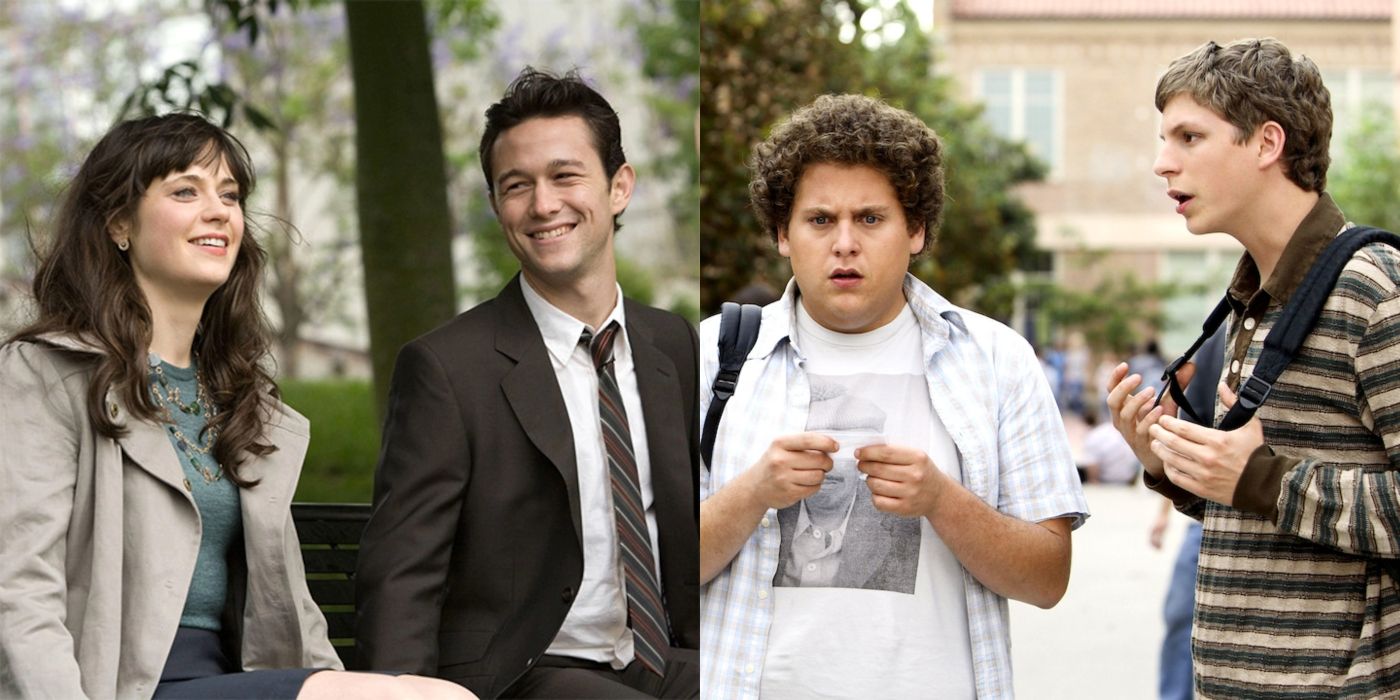 Split image of Summer and Tom in 500 Days Of Summer and Seth and Evan in Superbad