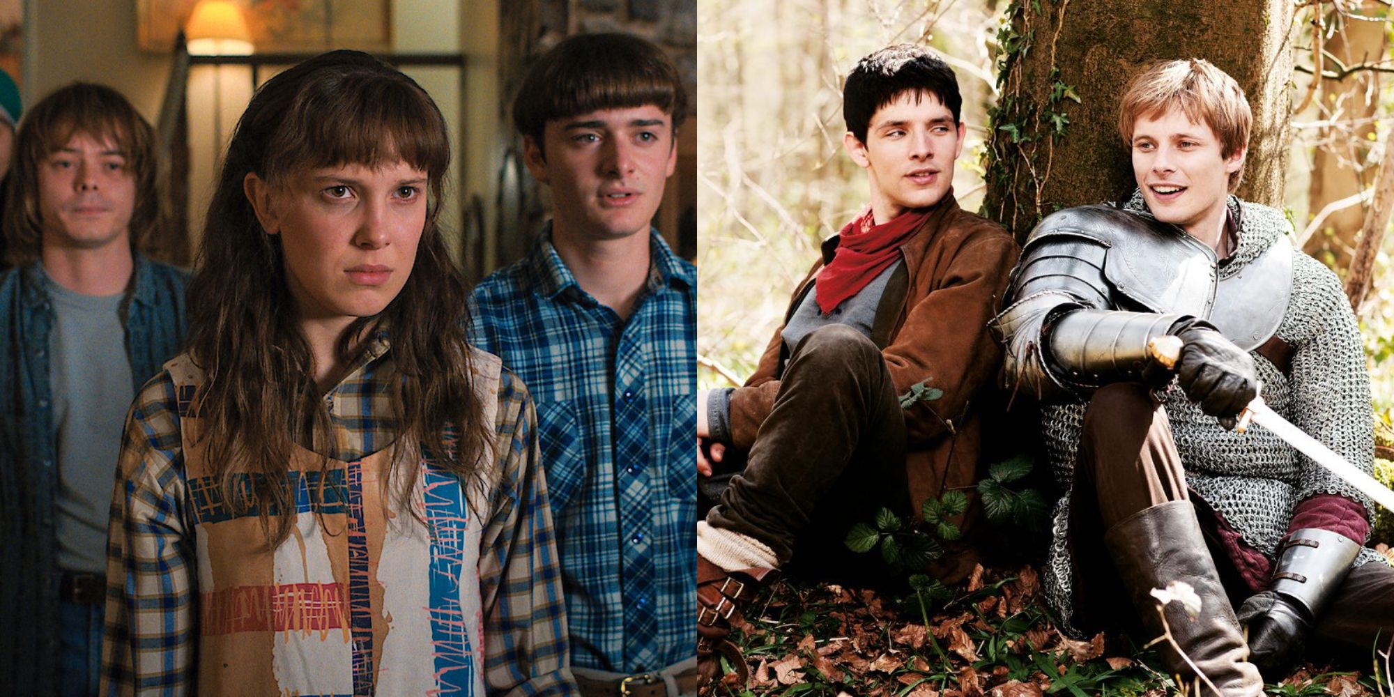 Split image showing Eleven in Stranger Things and Merlin and Arthur in Merlin.