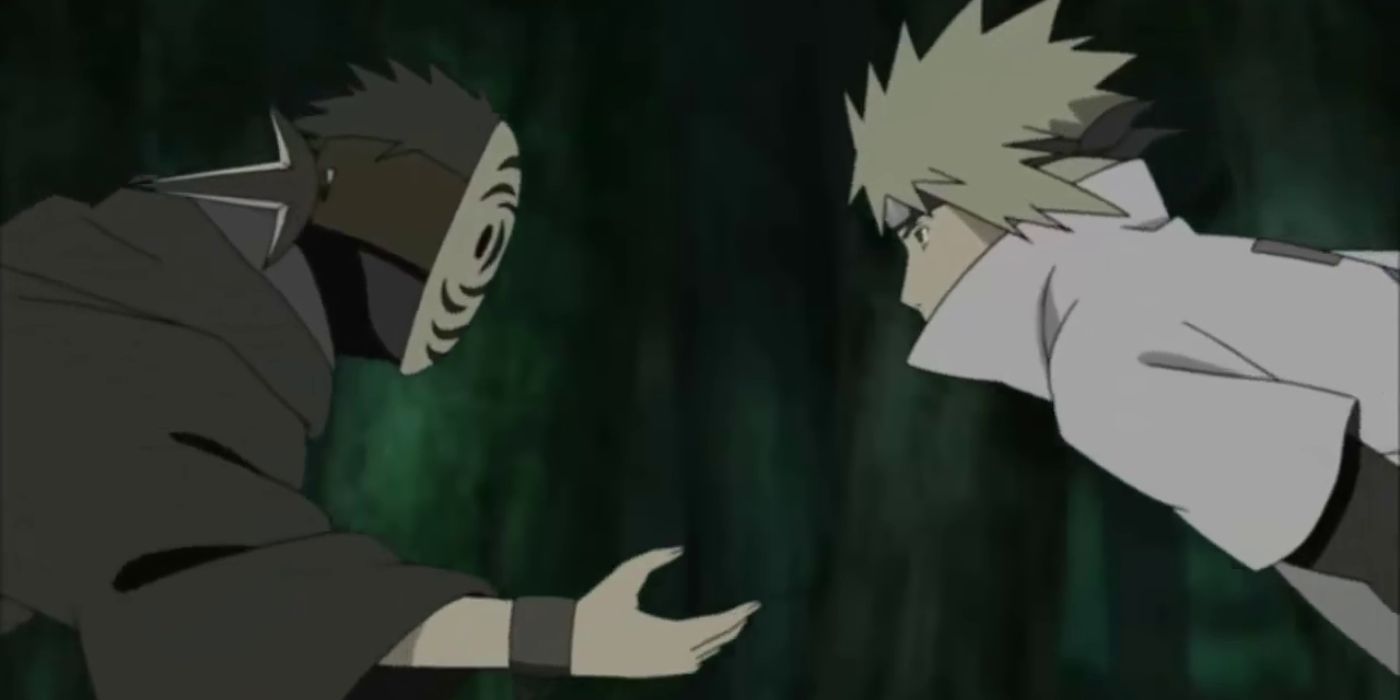 Tobi and Minato fighting in Naruto.
