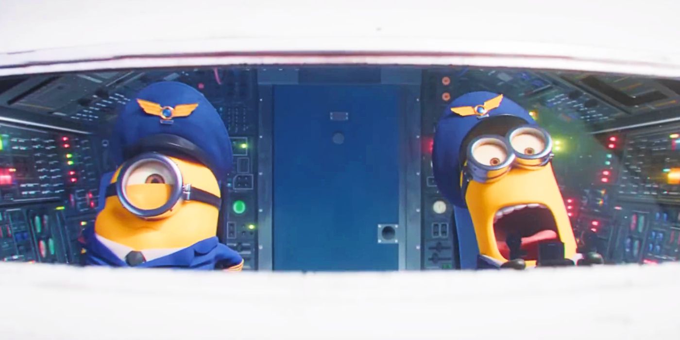 Minions flying a plan in Minions The Rise of Gru