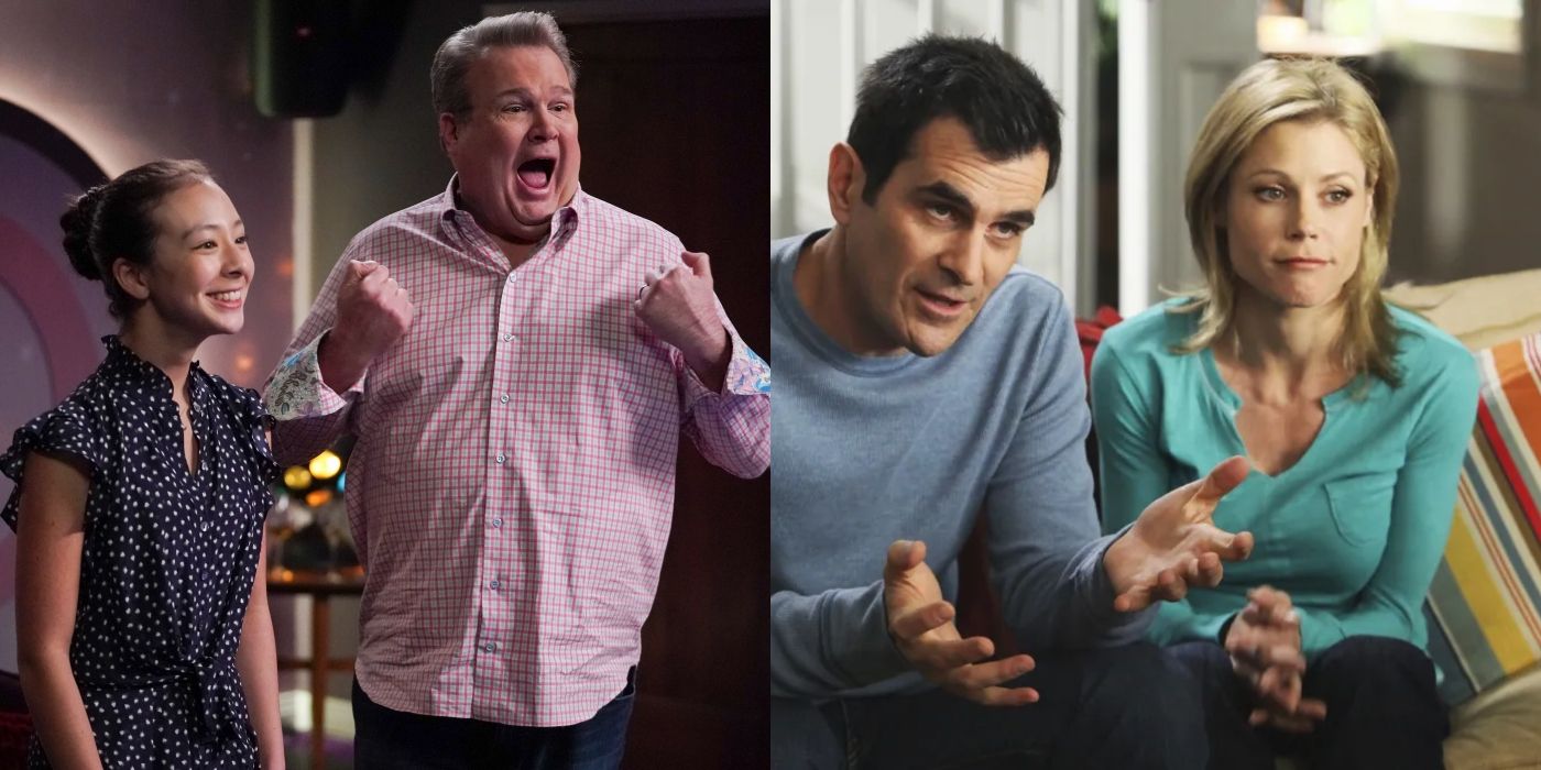 Split image of Lily, Cam, Phil and Claire on Modern Family