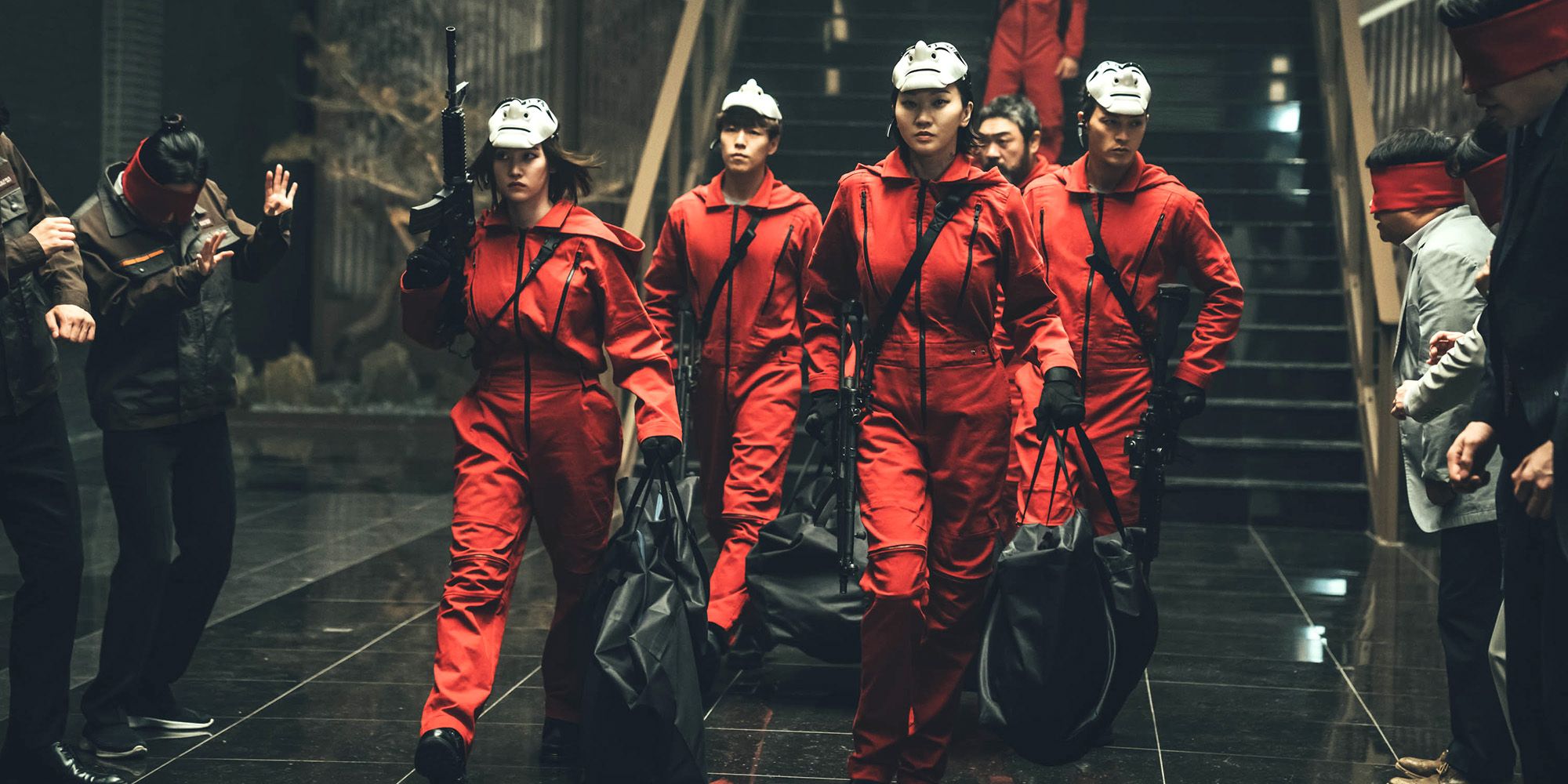 The crew from Money Heist walking.