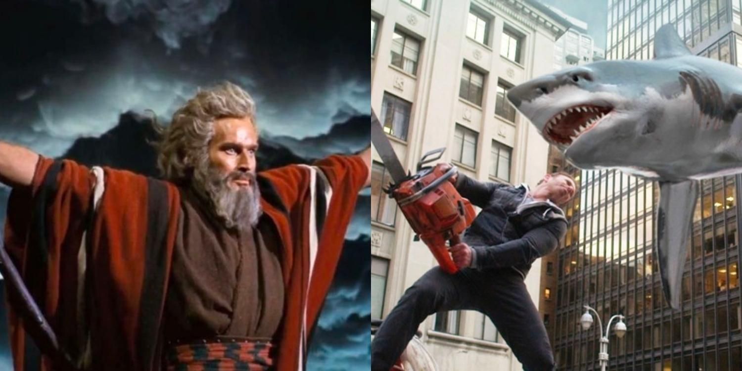 Moses on the Mount in Ten Commandments and a man fighting a shark with a chainsaw in Sharknado