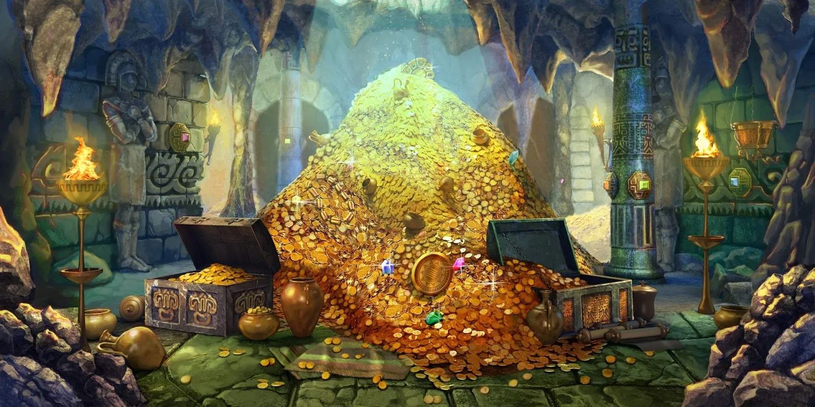 Art depicting a mountain of treasure hidden in a cave
