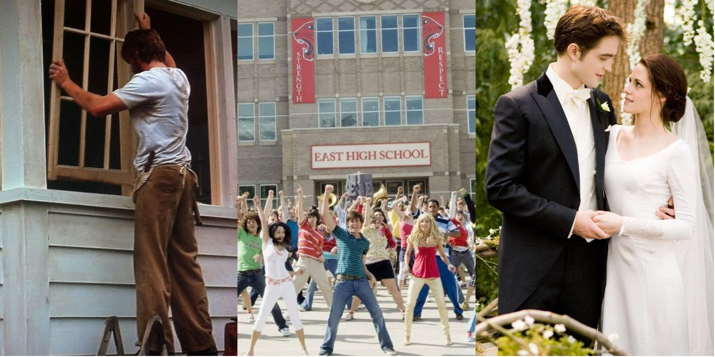 A tri split image showing (from left to right) Noah working on his house in The Notebook, the cast of High School Musical dancing in front of the school, and Belle and Edward at their wedding from Twilight