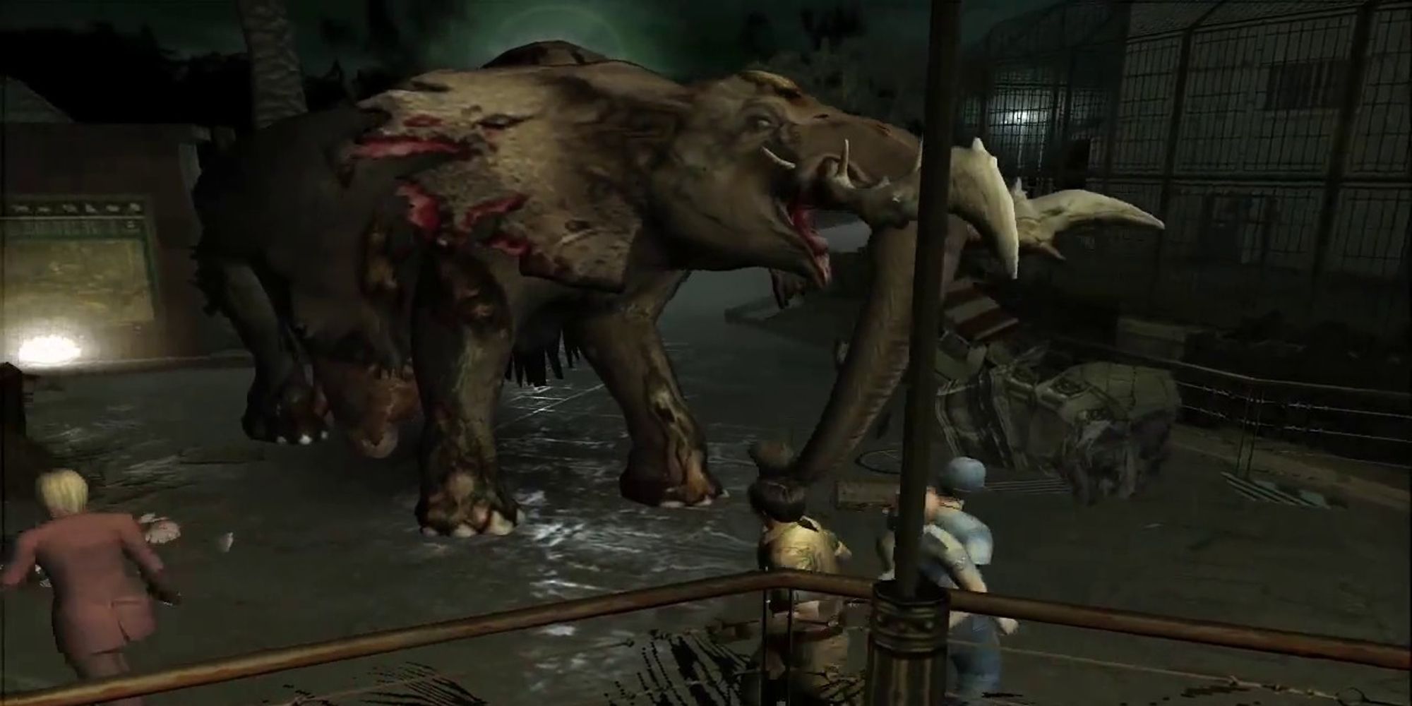 Mutated elephant boss fight from Resident Evil Outbreak File #2.