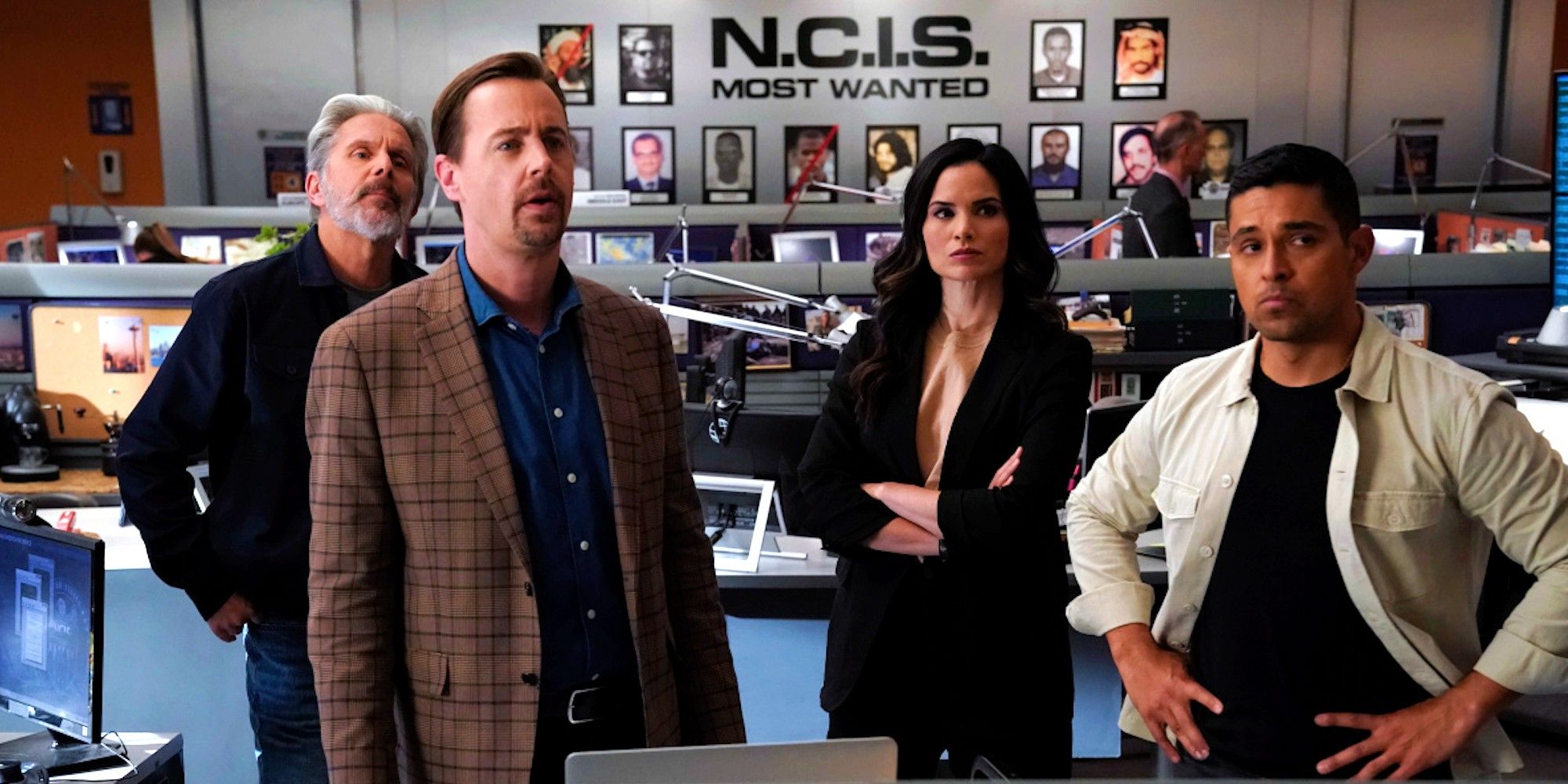 Sean Murray as Timothy McGee, Gary Cole as Alden Parker, Katrina Law as Jessica Knight, and Wilmer Valderrama as Nick Torres in the bullpen during NCIS season 19