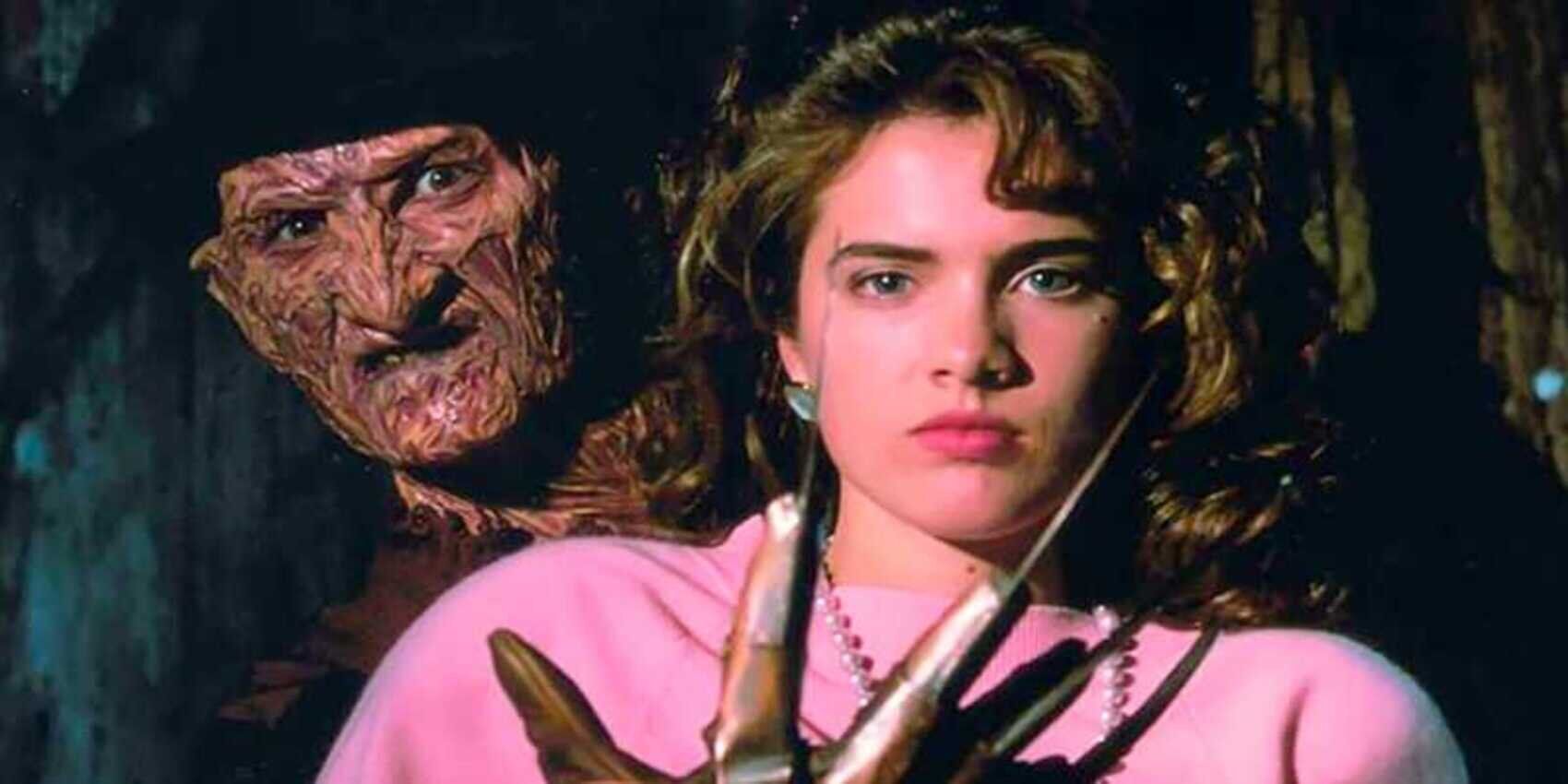 Nancy standing in front of Freddy Krueger, with his clawed hand wrapped around her