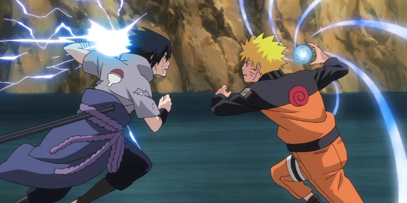 The iconic fight scene between Naruto and Sasuke.
