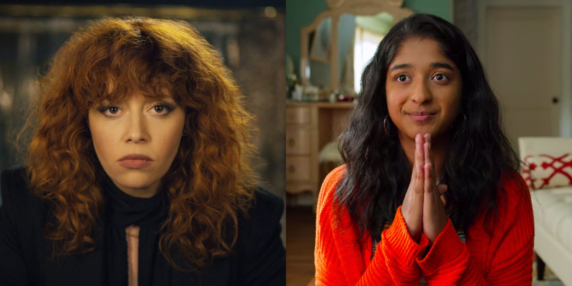 Split image showing Nadia in Russian Doll and Devi in Never Have I Ever,