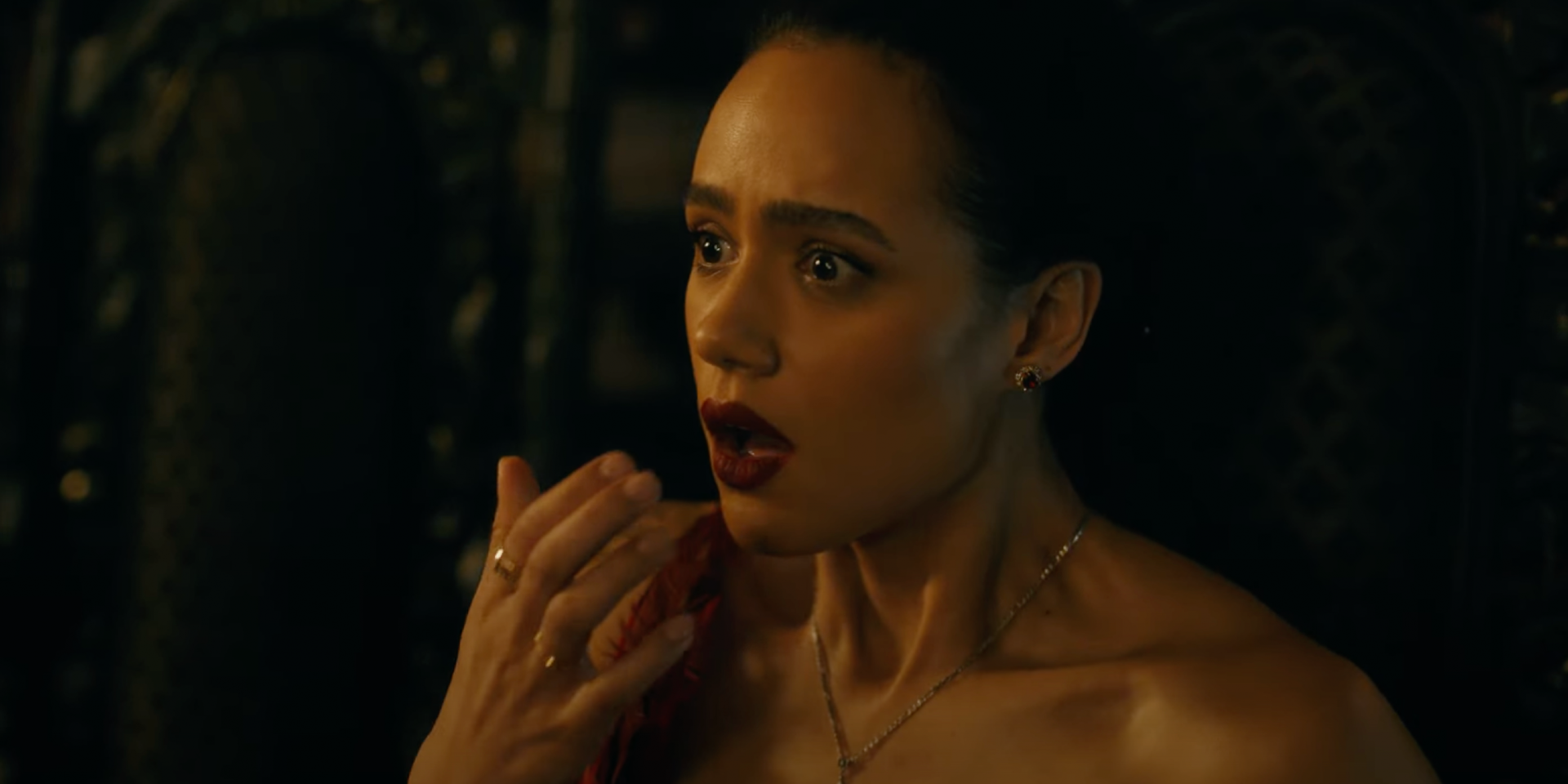 Nathalie Emmanuel looking shocked as Evie in The Invitation trailer