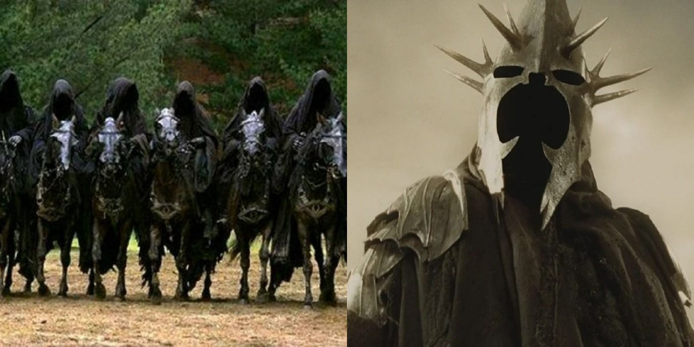 A split image showing the Nazgul on their horses on the left and the witch king weaking his helmet on the right from The Lord of the Rings