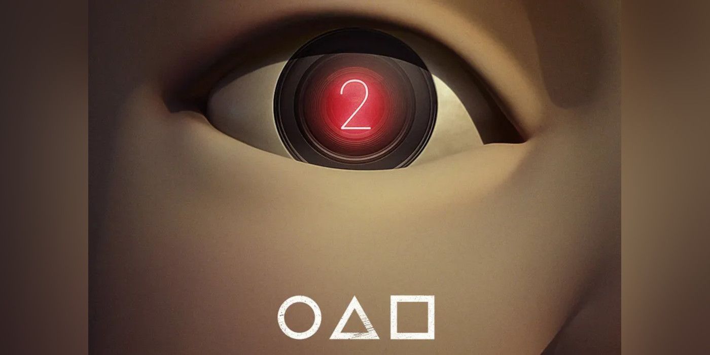Extreme close-up of animatronic doll eye with number 2 inside with mysterious symbols from Squid Game
