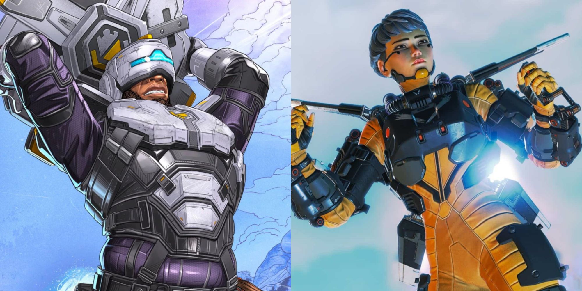 Split image showing Newcastle and Valkyrie in Apex Legends.