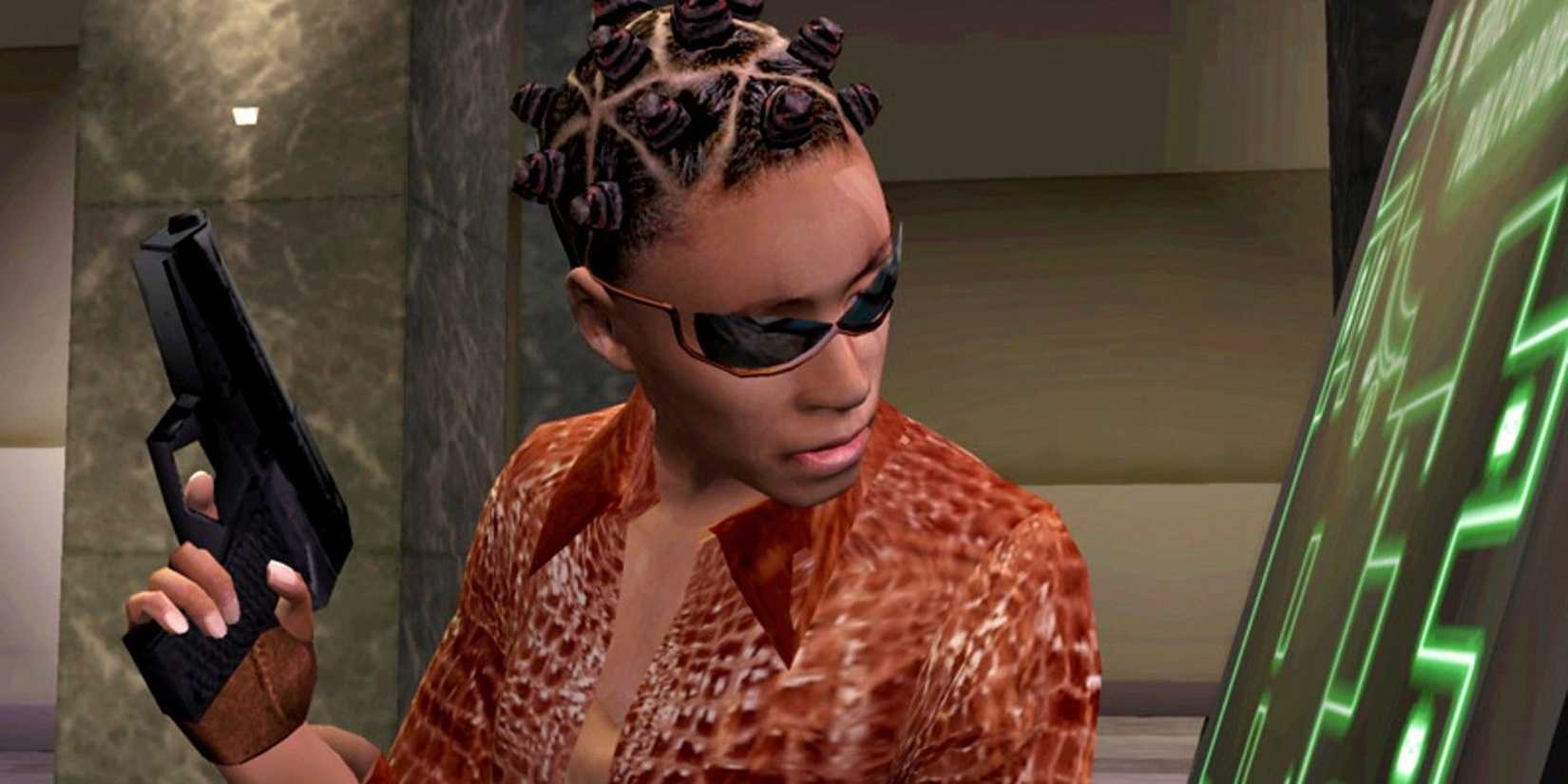 Niobe empoleirou -se atrás da capa em Enter the Matrix