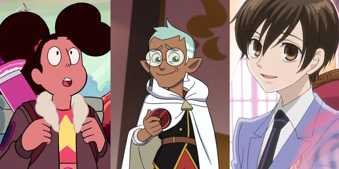 Split image of Stevonnie from Steven Universe, Raine Whispers from The Owl House and Haruhi Fujioka from Ouran High School Host Club